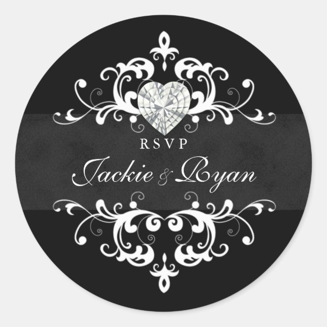 RSVP Wedding Stickers Black White Heart Jewel (Front)
