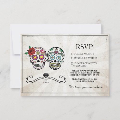 RSVP Wedding Sugar Skulls Diamond Rustic Cards