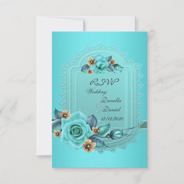 RSVP Wedding Teal Blue Beige Roses Flowers 2 Invitation (Front)