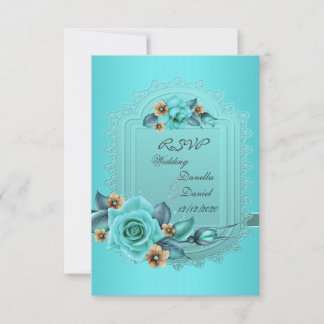 RSVP Wedding Teal Blue Beige Roses Flowers 2 Invitation