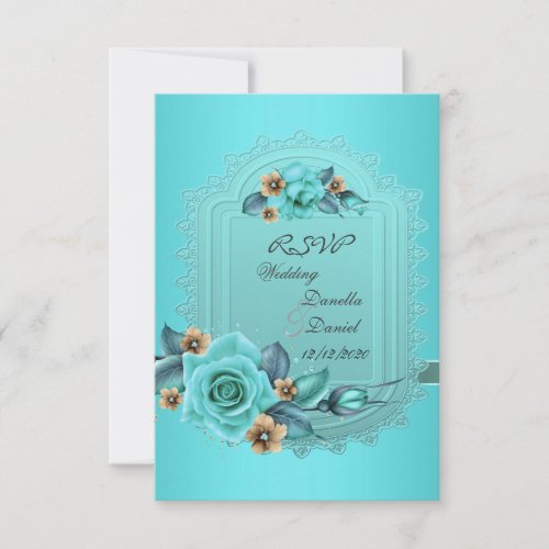 RSVP Wedding Teal Blue Beige Roses Flowers 2 Invitation