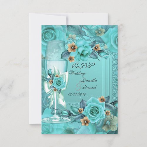 RSVP Wedding Teal Blue Beige Roses Flowers 3