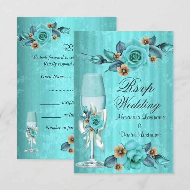 RSVP Wedding Teal Blue Champagne Roses Flowers  Invitation (Front/Back)