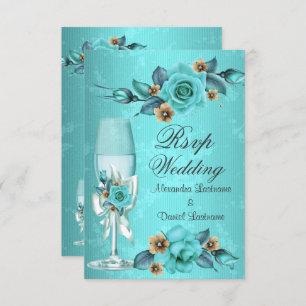 RSVP Wedding Teal Blue Champagne Roses Flowers Invitation