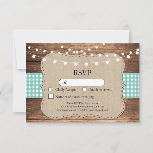 RSVP Wedding Teal Check Wood Light Cards Invites (Front)