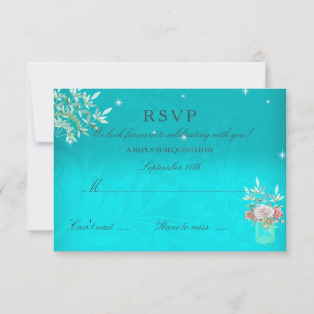 RSVP Wedding Teal Floral Mason Jar Pink Rose (Front)