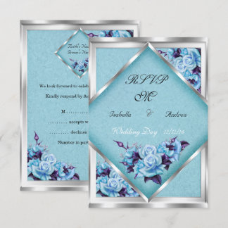 RSVP Wedding Teal Purple Roses Silver Bouquet Invitation
