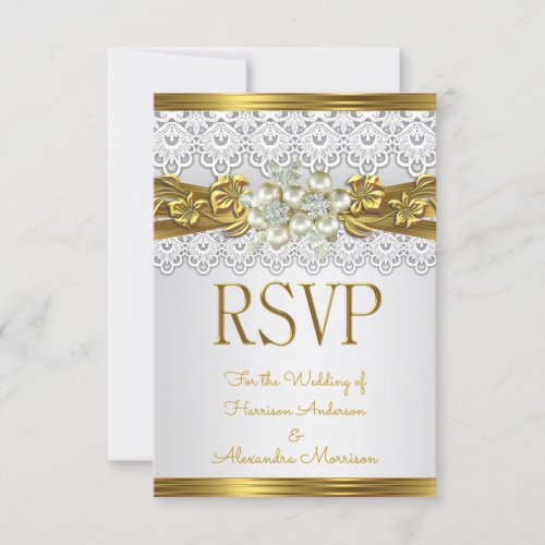 RSVP Wedding White Pearl Gold Lace Floral  Invitation