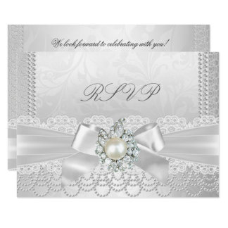 RSVP Wedding White Pearl Lace Damask Diamond Card