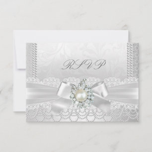 RSVP Wedding White Pearl Lace Damask Diamond Card