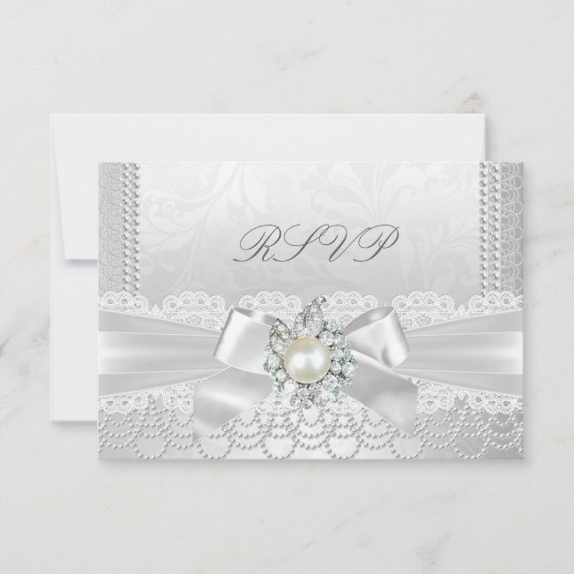 RSVP Wedding White Pearl Lace Damask Diamond Card (Front)