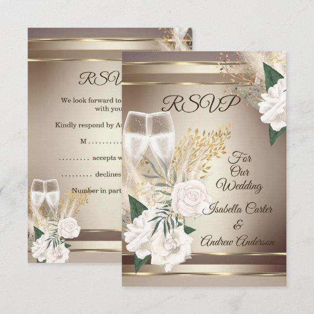 RSVP Wedding White Rose Champagne Gold Bronze Invitation (Front/Back)