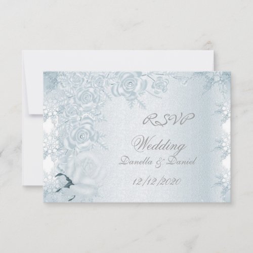 RSVP Wedding White Silver Blue Roses Snowflakes Invitation