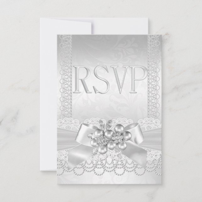 RSVP Wedding White Silver Pearl Lace Damask (Front)