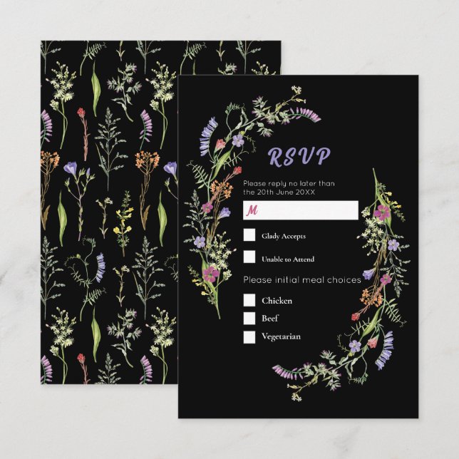 RSVP Wedding Wildflowers Floral Ditsy Dark Invitation (Front/Back)