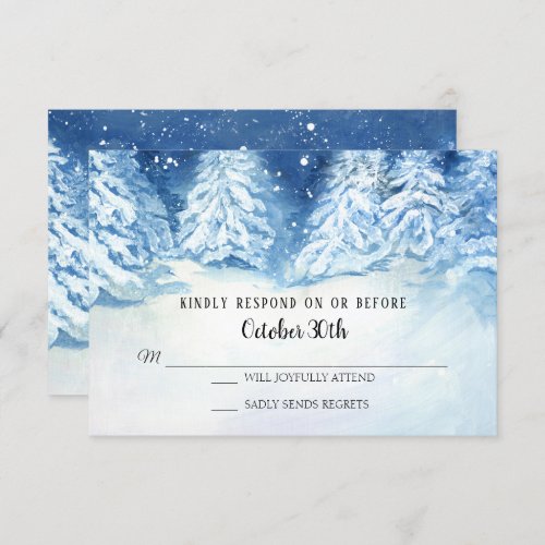 RSVP Wedding Winter Navy Snowy Trees Watercolor Invitation