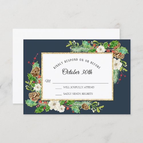 RSVP Winter Navy Blue Christmas Floral Watercolor Invitation
