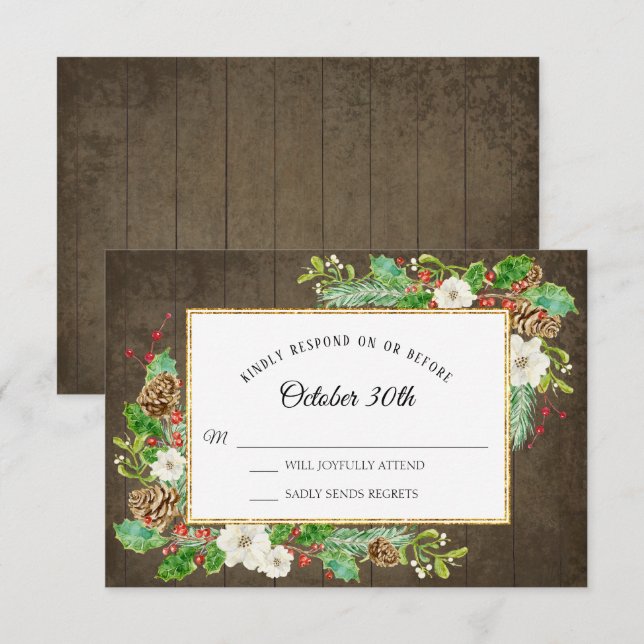 RSVP Winter Rustic Wood Christmas Botanical Floral Invitation (Front/Back)
