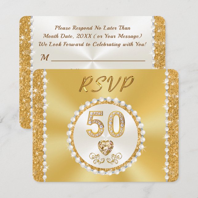 RSVP with MENU Choice, 50th Anniversary Gold, Invitation (Front/Back)