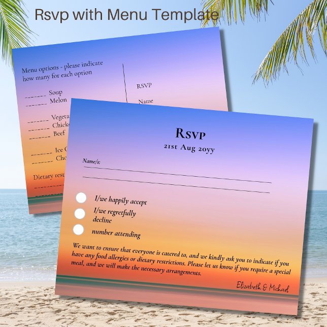 RSVP with Menu Template Beach Tropical Sunset (Creator Uploaded)