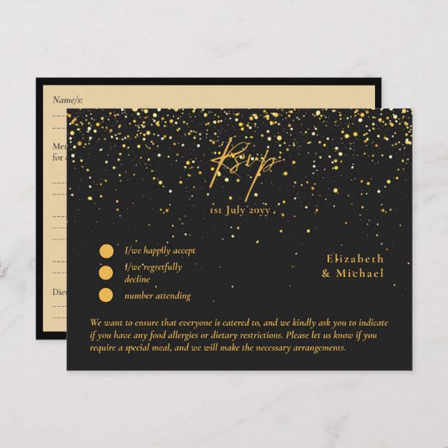 RSVP with Menu Template | Black Gold  (Front/Back)
