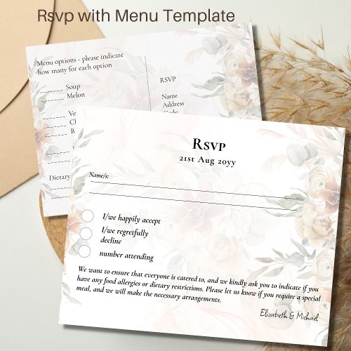 RSVP with Menu Template Boho Pampas Grass 