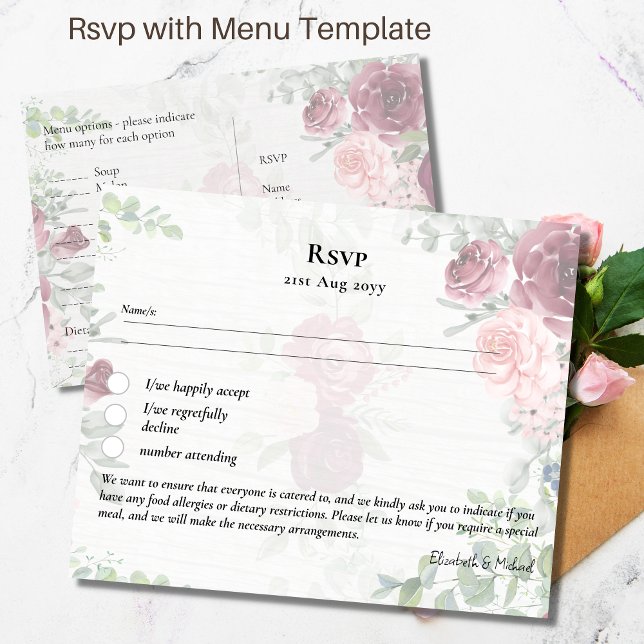 RSVP with Menu Template Burgundy Pink Roses (Creator Uploaded)