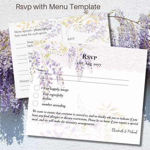 RSVP with Menu Template Purple Wisteria Floral