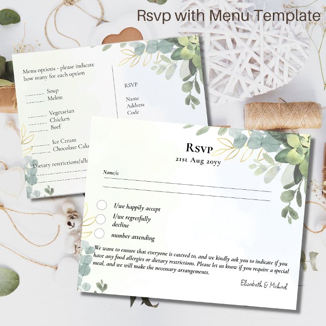 RSVP with Menu Template Rustic Eucalyptus Leaves (Creator Uploaded)