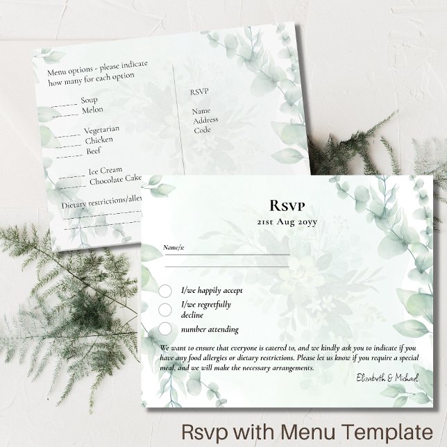RSVP with Menu Template Rustic Eucalyptus Leaves (Creator Uploaded)