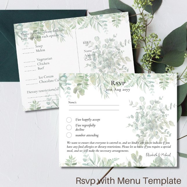 RSVP with Menu Template Rustic Greenery Leaf Boho (Creator Uploaded)