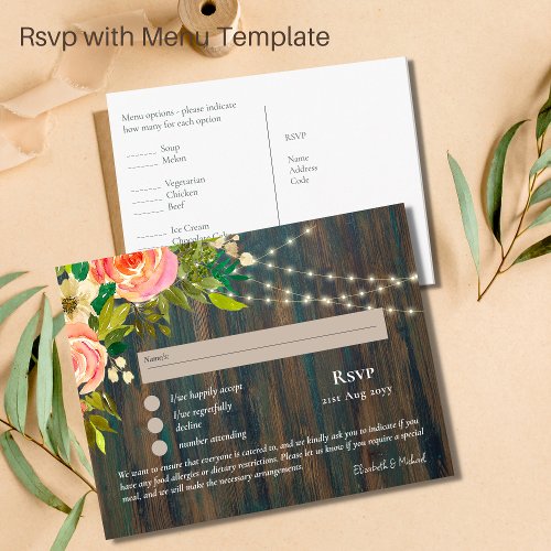 RSVP with Menu Template Rustic Pink Flowers Lights