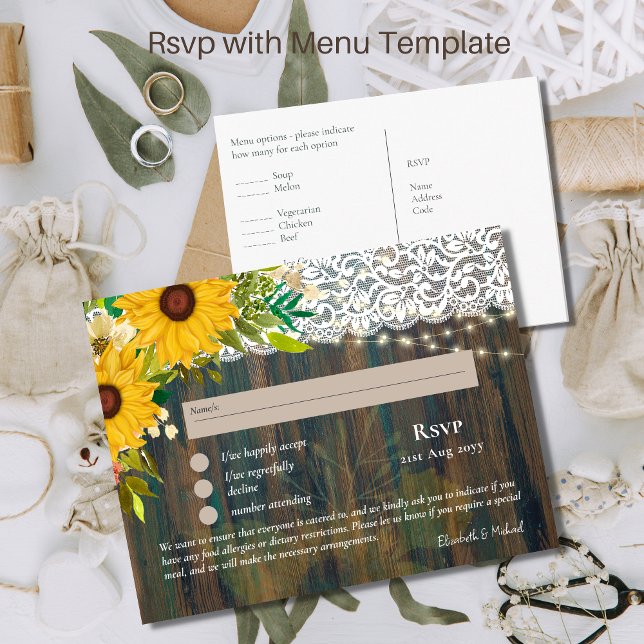 RSVP with Menu Template Rustic Sunflowers Lace (Creator Uploaded)