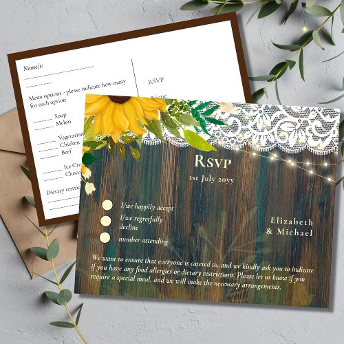 RSVP with Menu Template  Rustic Sunflowers Lace
