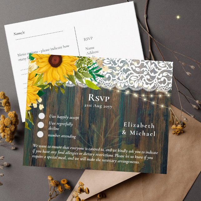 RSVP with Menu Template Rustic Sunflowers Lace (Creator Uploaded)