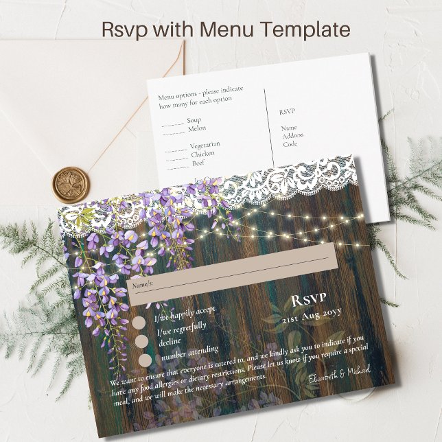 RSVP with Menu Template Rustic Wisteria Lace (Creator Uploaded)