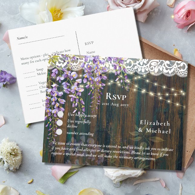 RSVP with Menu Template Rustic Wisteria Lace (Creator Uploaded)