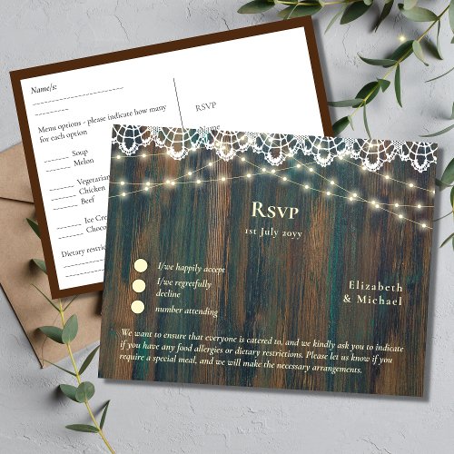 RSVP with Menu Template  Rustic Wood Gold Lights