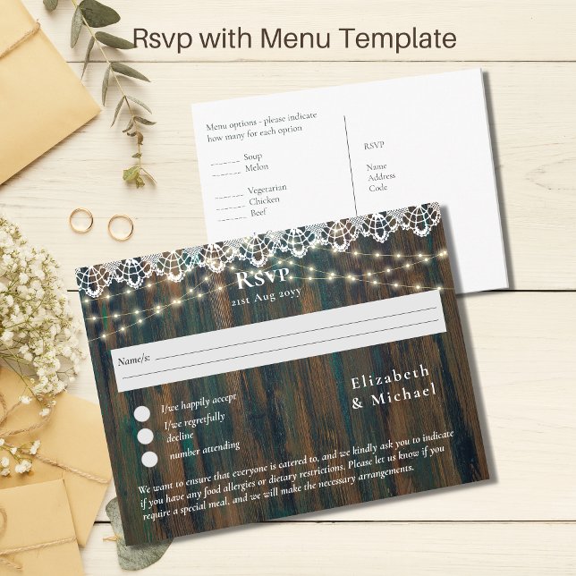 RSVP with Menu Template Rustic Wood Lace Lights (Creator Uploaded)