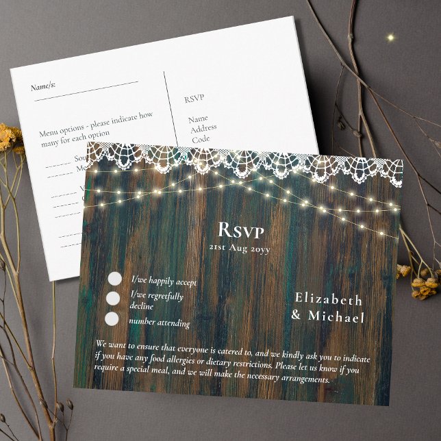 RSVP with Menu Template Rustic Wood Lace Lights (Creator Uploaded)