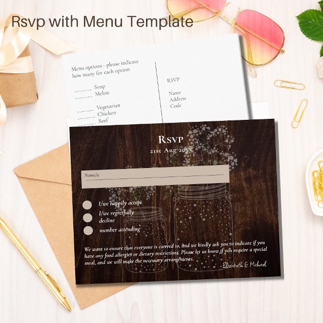 RSVP with Menu Template Rustic Wood Mason Jars (Creator Uploaded)