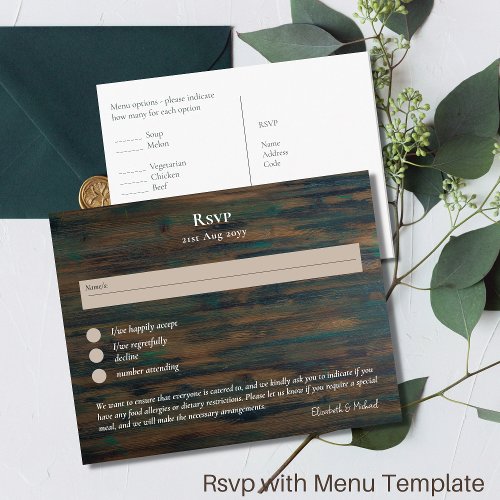 RSVP with Menu Template Rustic Wood Woodland