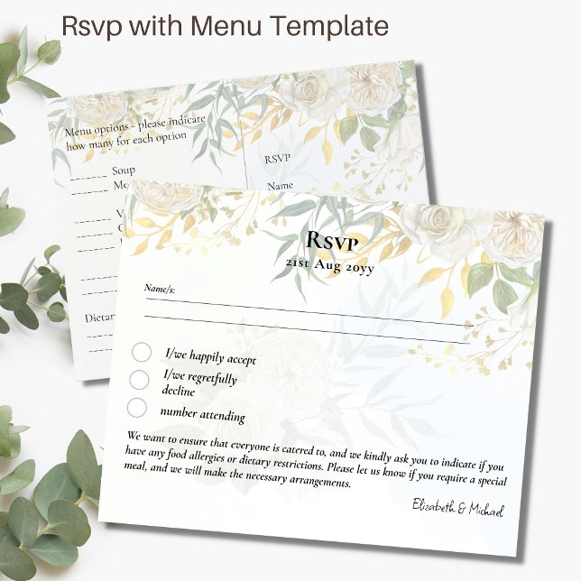 RSVP with Menu Template White Roses Greenery (Creator Uploaded)