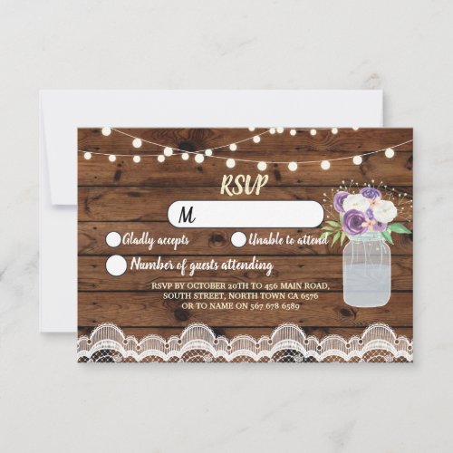 RSVP Wood Lace Wedding Rustic Lights Floral Jar Invitation