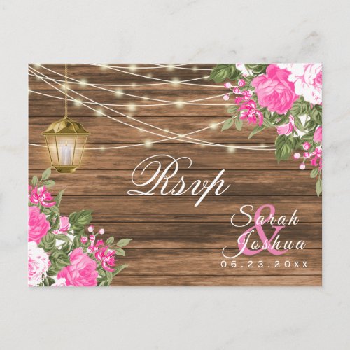 RSVP _  Wood Lantern and Pink Floral Wedding Postcard