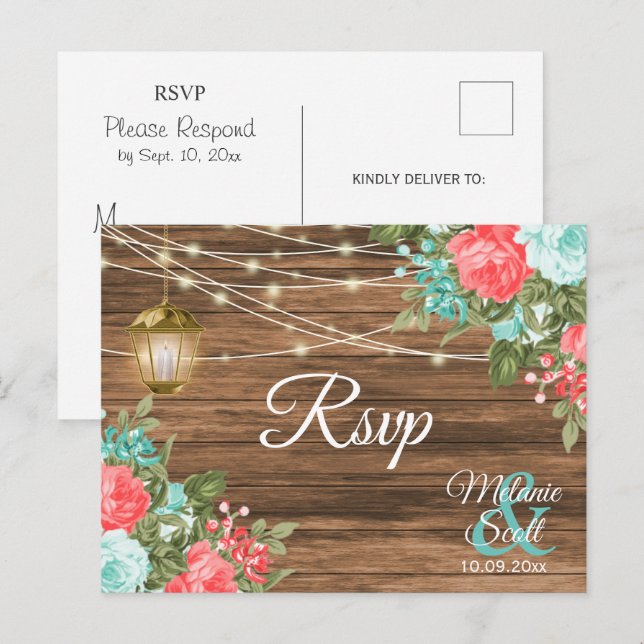 RSVP -Wood, Lantern and Teal, Coral Floral Wedding Postcard (Front/Back)