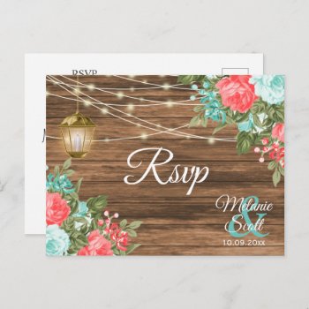 Rsvp -wood  Lantern And Teal  Coral Floral Wedding Postcard by DesignsbyDonnaSiggy at Zazzle