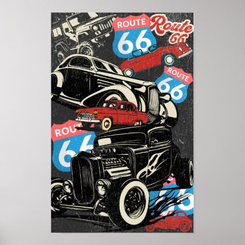 Rt 66 Hot Rod and RT 66 Badge Collage Poster