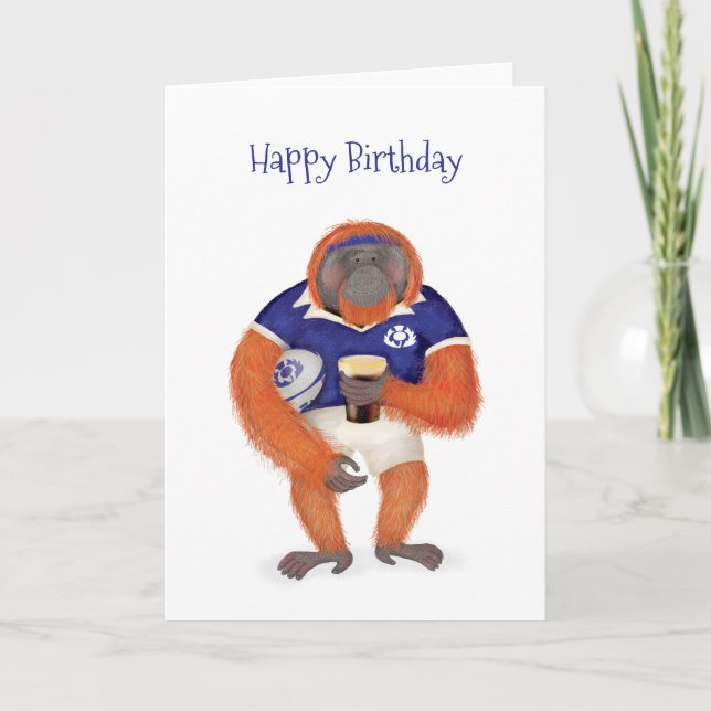 Ruaridh the rugby orangutan birthday card (Front)