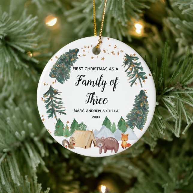 Ruatic Woodland 1st Christmas as a Family of Three Ceramic Ornament (Tree)